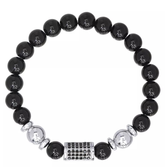 Macy's Jewelry - Macy's Men Onyx Bead Silver Tone Pave Barrel Accent Stretch Bracelet